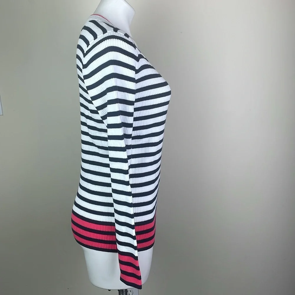 Nautica V-Neck Sweater Navy Seas Pink Stripe Knit